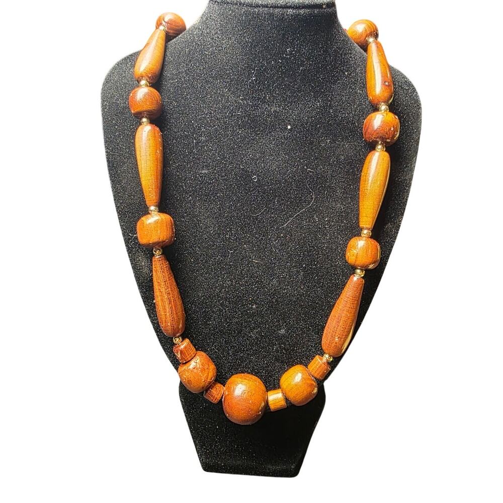 Vintage 1970s Chunky Wood Bead Necklace 22” Boho Statement